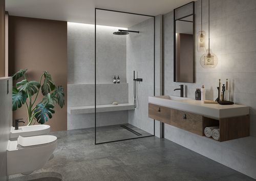 Płytki ceramiczne i gresowe imitujące beton w łazienkowych aranżacjach